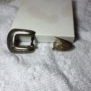 Vintage silver belt buckle and belt tip with gold g.un motif ladies or child
